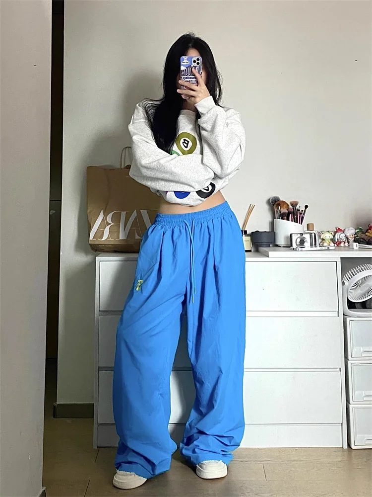 QWEEK Korean Fashion Solid Track Pants Women Y2K Kpop Quick Dry Sweatpants Oversize Harajuku Streetwear Hip Hop Wide Leg Joggers