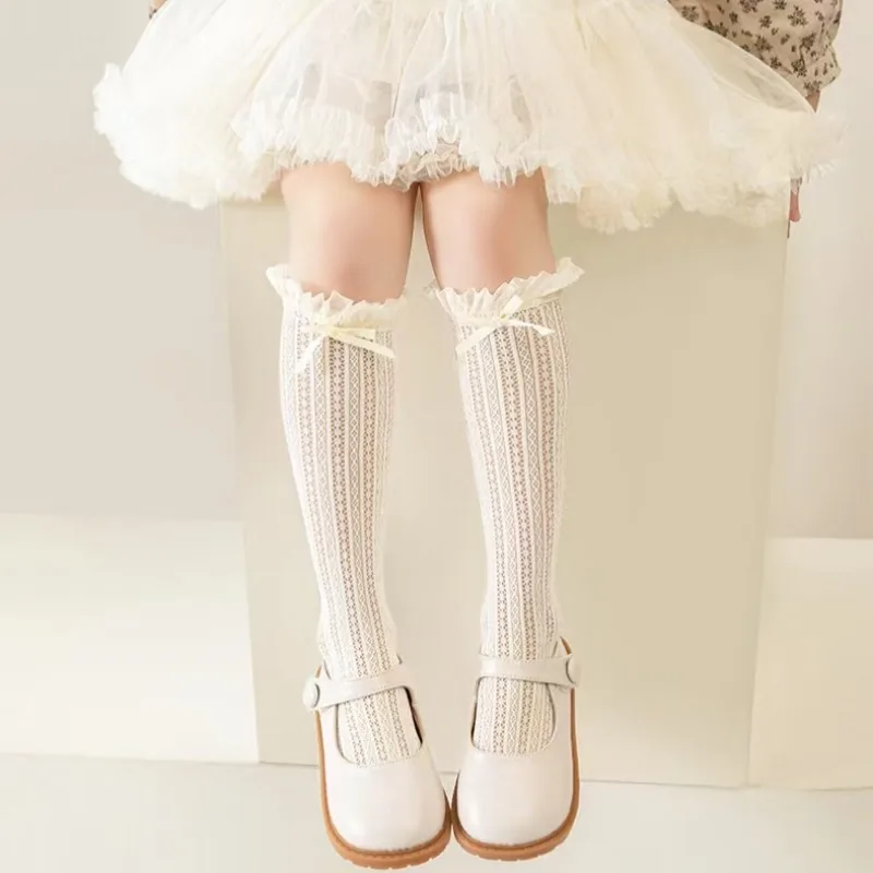 Lolita Lace Silk Knee-High Socks Fishnet Hollow-out Floral Crochet Bowknot Ruffle Trim Design Stockings Parent Child Socks sports socks kids socks cotton knee socks knee length socks