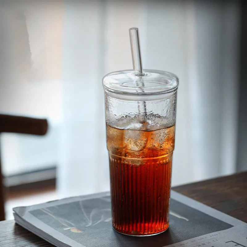 Glass Cup 600ml Ins Stripe With Lid and Straw Transparent Drinking Glasses