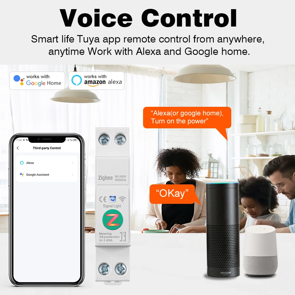 Tuya WiFi/Zigbee 1A-63A Adjustable Circuit Breaker Smart Din Rail Switch Smart Breaker With Metering For Alexa Google Home