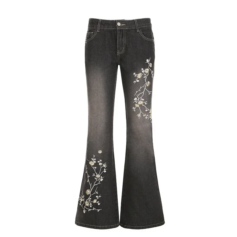 Floral Embroidery Jeans Vintage 2000s Low Rise Flared Jeans Women Retro y2k Baggy Denim Pants High Street Basic Trousers 5