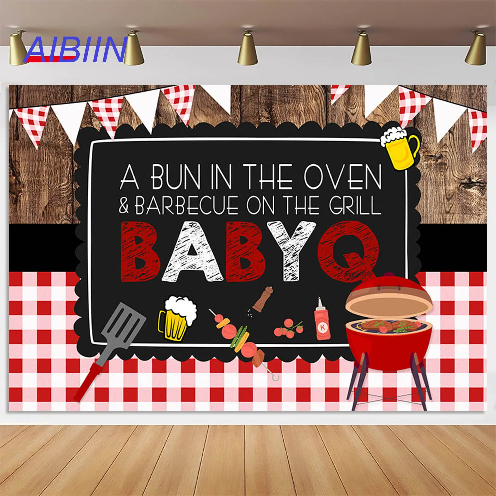 

AIBIIN BBQ Theme Baby Shower Party Backdrop Rustic Wooden Board White and Red Lattice Background Barbecue Banner Decor