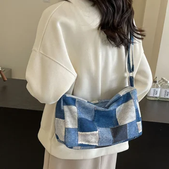 Women's Casual Denim Shoulder Bag All-in-one Canvas Pillow Bag Checkerboard Style Crossbody Bag Campus Go Shopping Daily Commute 1