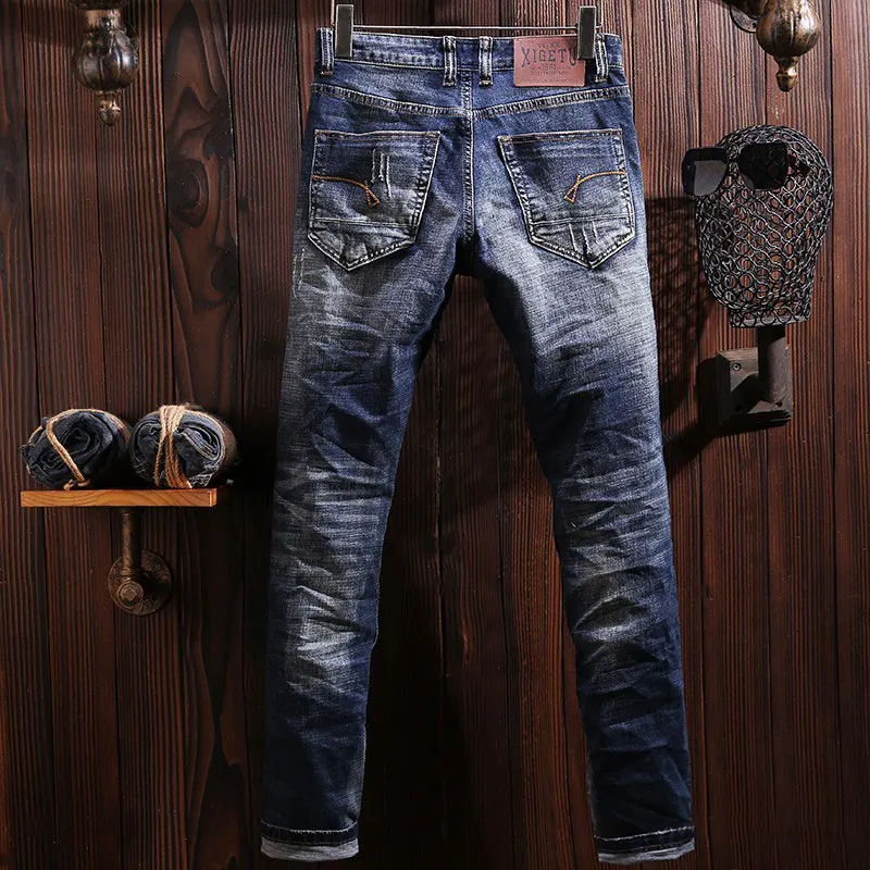 Fashion Designer Men Jeans High Quality Retro Washed Blue Stretch Slim Fit Ripped Jeans Men Italian Style Vintage Denim Pants