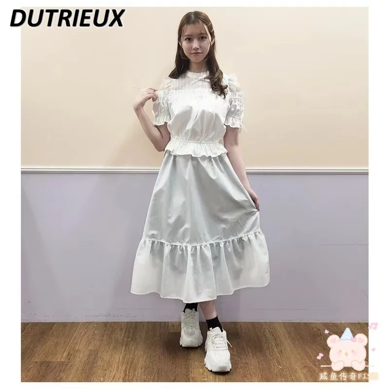 Japanese SC Summer New Short Sleeve Top Lace Hollow Bow Solid Color Sweet Off-Shoulder Shirt Front and Back Wear Long Skirt
