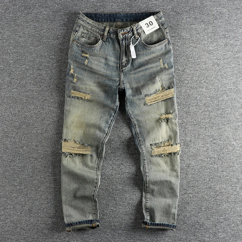Heavy vintage blue water wash old ripped patch jeans men's American high street loose straight leg youth pants trend