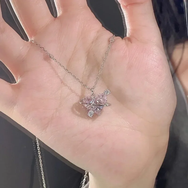 Fashion Punk Chain Necklace Y2k Crystal Pink Zircon Heart