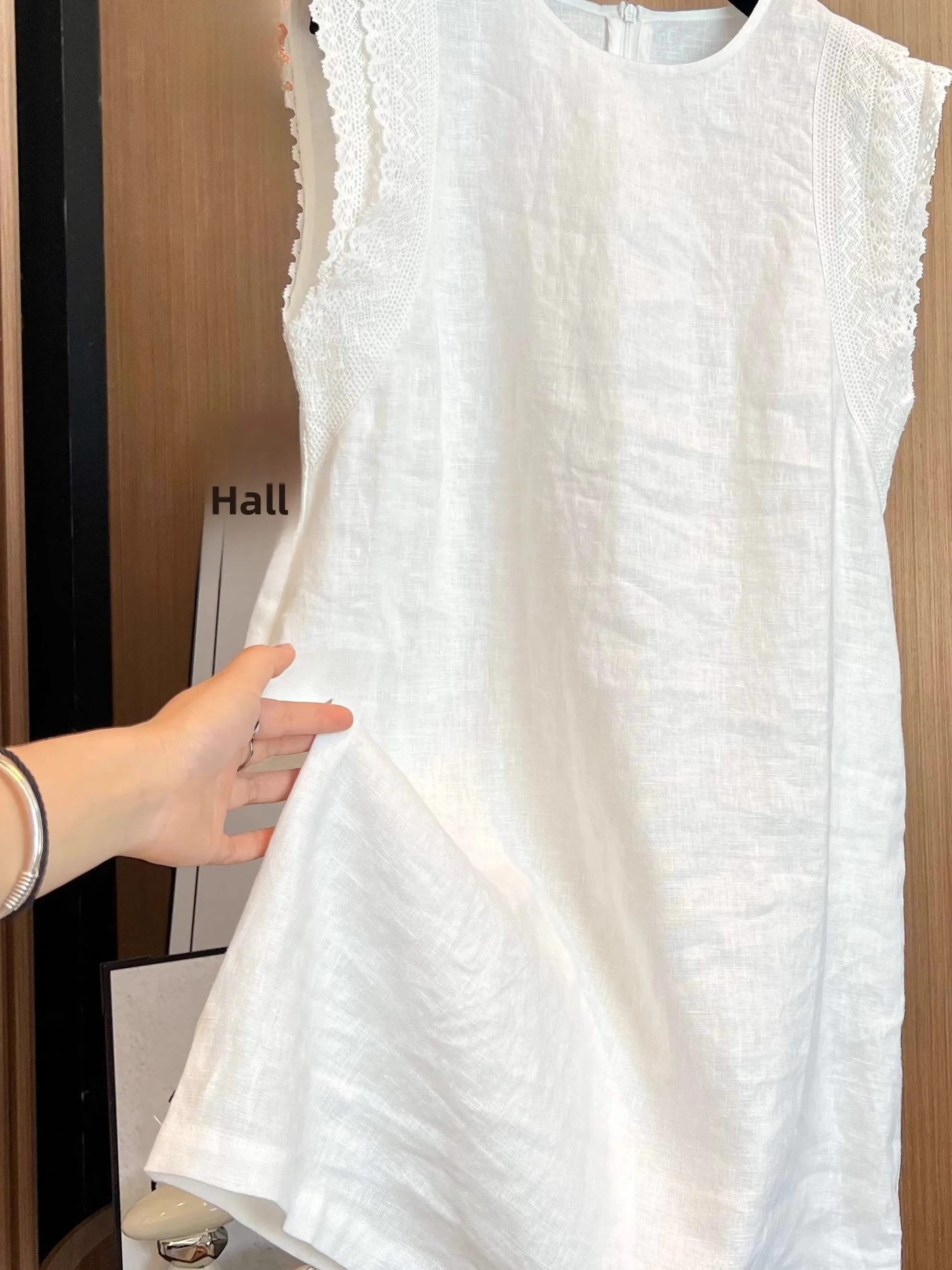 Artistic Pure Color Cotton Linen Svel Dr Large Size Women's Lace Patchwork Fly Sve Mid-Length Vest Dr Summer