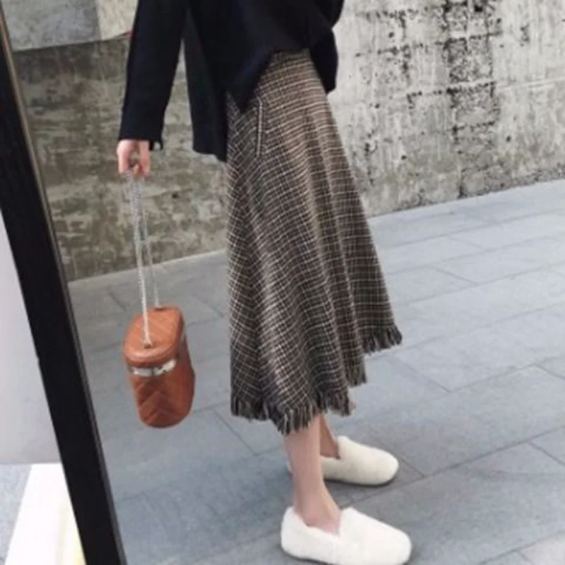 

Винтажная Клетчатая Шерстяная Юбка Для Женщин, Длинная Элегантная Плиссированная Юбка-миди из твида с бахромой и высокой талией в стиле Харадзюку, E997