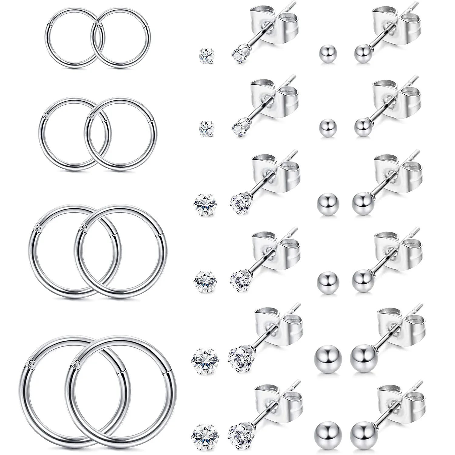 

WKOUD 1-16 Pairs Stainless Steel Ball CZ Stud Earrings Cartilage Helix Conch Daith Ear Piercing Jewelry Set for Men Women