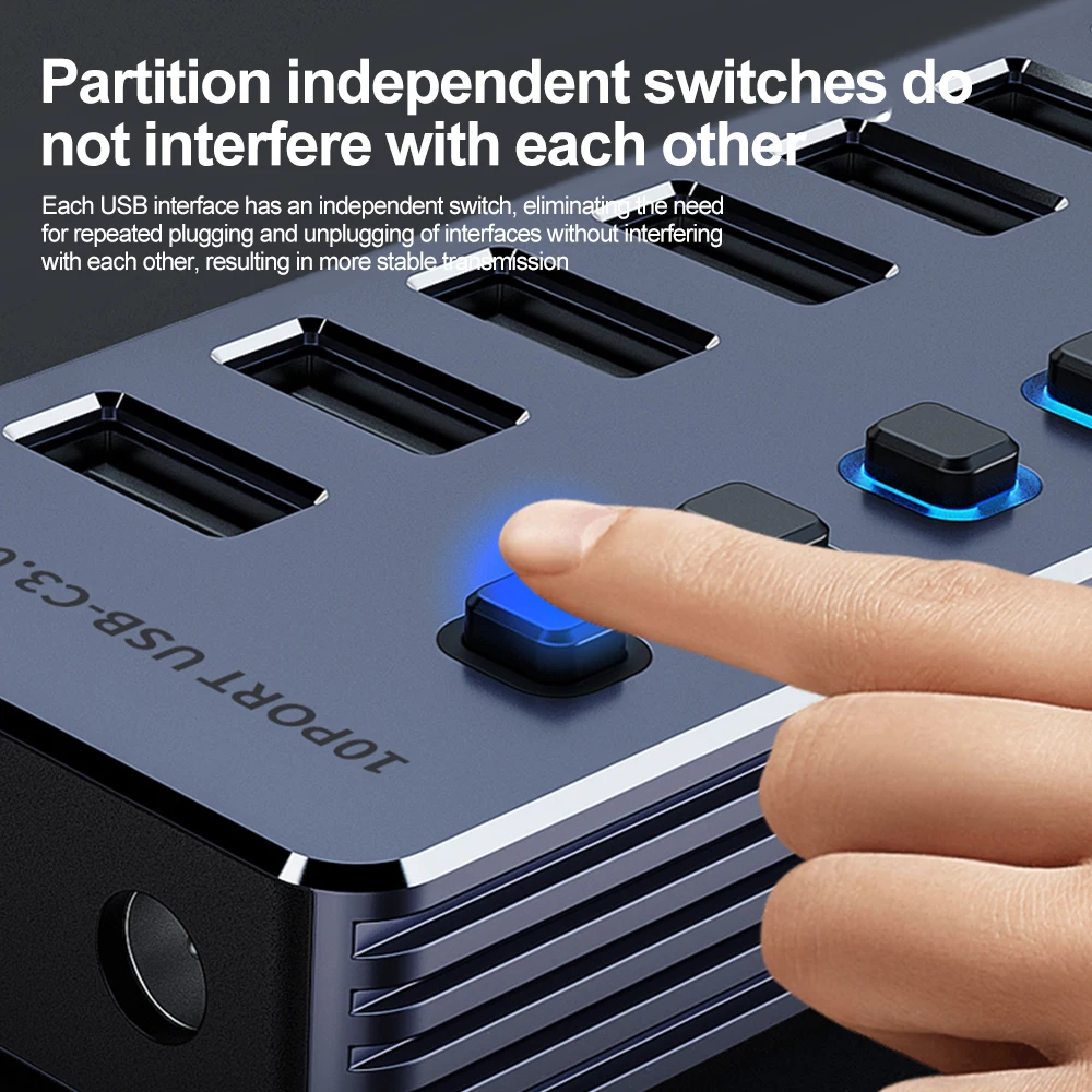 Aluminum 7-Port USB 3.0 Hub with On/Off Switches and Power Adapter