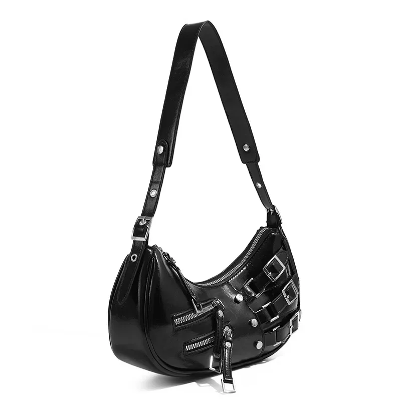 New Fashion PU Leather Underarm Bags for Women Pleated Design Cool American Motorcycle Bag Vintage Y2K Ladies Shoulder Bag