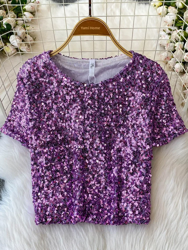 Faionable ort Sexy Slim Fit Women's T-irt Glitter Heavy Embelliment Summer New Design Korean Sle round Ne Top