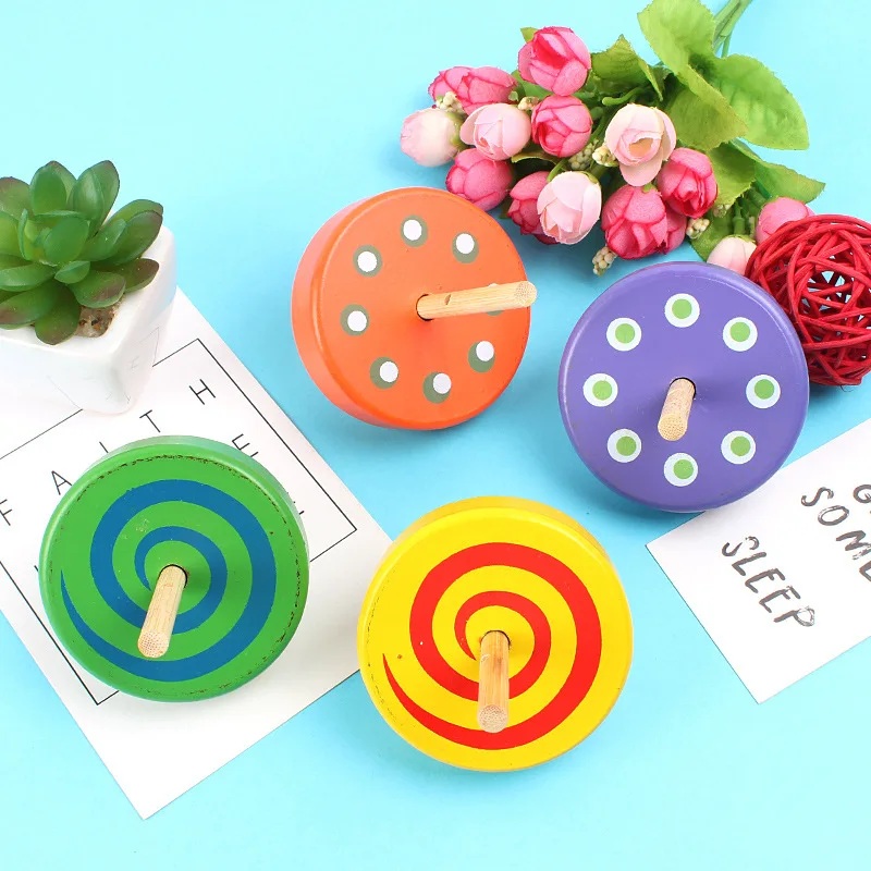 Wooden handle pull wire creative wooden colourful spinning gyroscope children\'s leisure puzzle hand-eye coordination toys