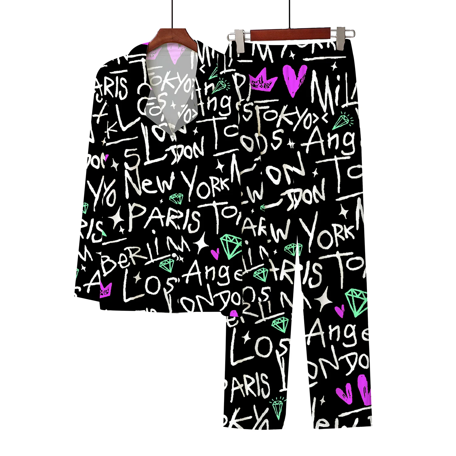 Spring Autumn 2023 New 3D Digital Printing Fashion Letter Button Cardigan Imitation Cotton Sleepwear Nightwear Home Casual Set