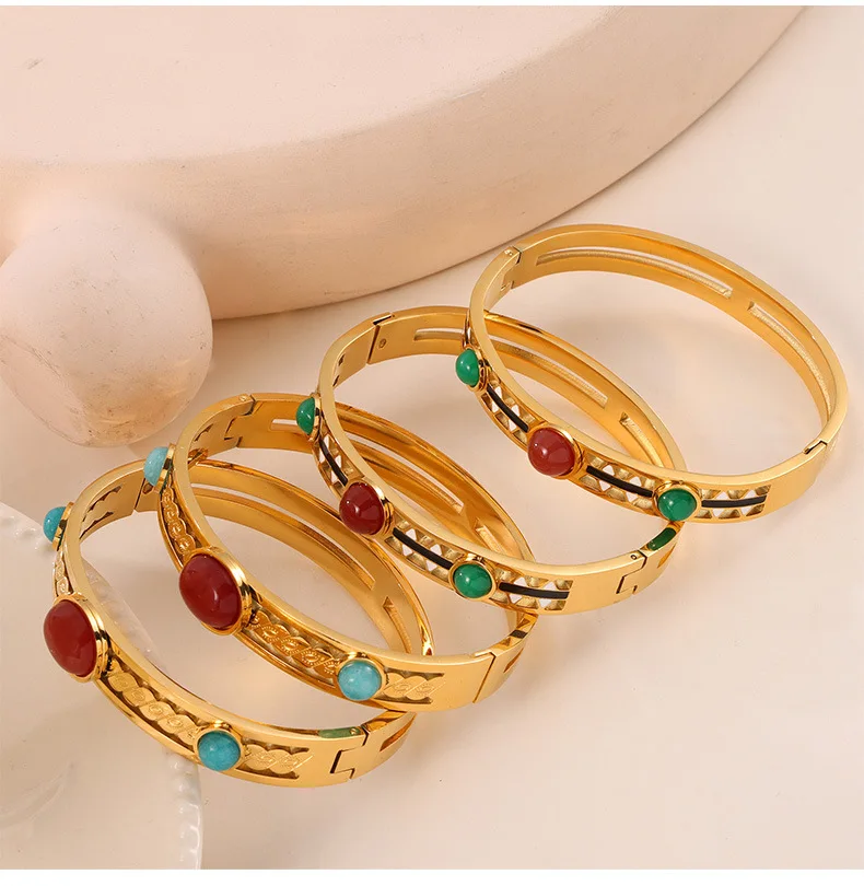 Retro ethnischen ausgehöhlten eingelegten Naturstein Titan Stahl Armband für Frauen Schnalle Armreif Emaille Schmuck Großhandel – Detail 7