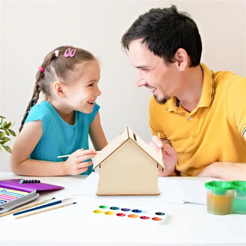 Piggy Bank Wooden Piggy Bank Coin Bank Wooden Money Box Coin Saver 5pcs Unfinished Wooden Coins Paint Banks House Shape Money Box Saving Pot Kids DIY Coin Bank Change Container