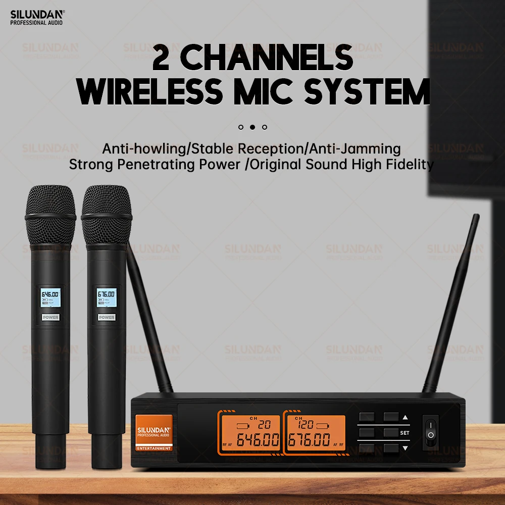 

2-Channel Professional Wireless Microphone System Dynamic Voice Handheld Lavalier Mic For Home Karaoke Church Stage Performance