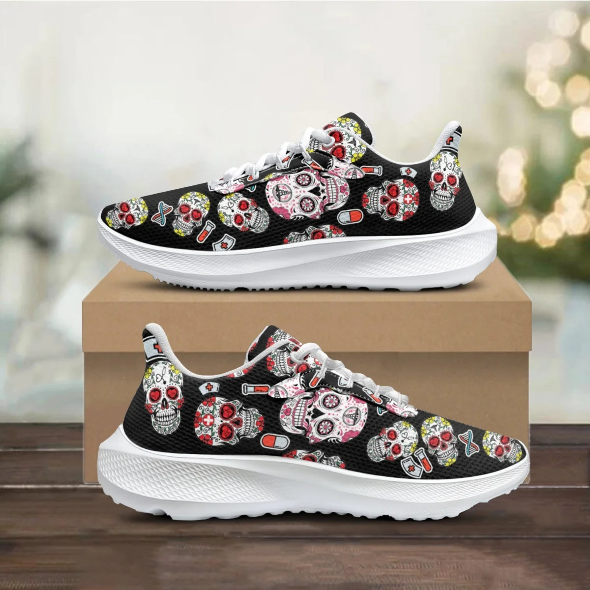 

Женские кроссовки с цветочным принтом, плоская подошва, дышащая Уличная обувь для бега, тенниса, подарок на Хэллоуин