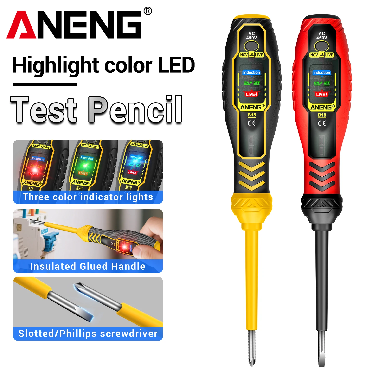 홈 인텔리전트 측정 펜 ANENG B18 NCV 전압 감지 벨트 필립스 드라이버 절연 핸들 라인 유지보수 도구