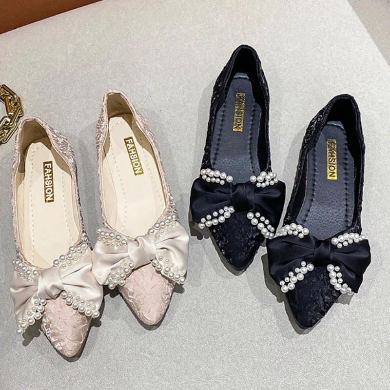 Soft Bottom Pearl Bow Pointed Toe Flat Shoes Women Summer Spring Autumn New Square Heel Shallow Mouth Casual Women's Shoes