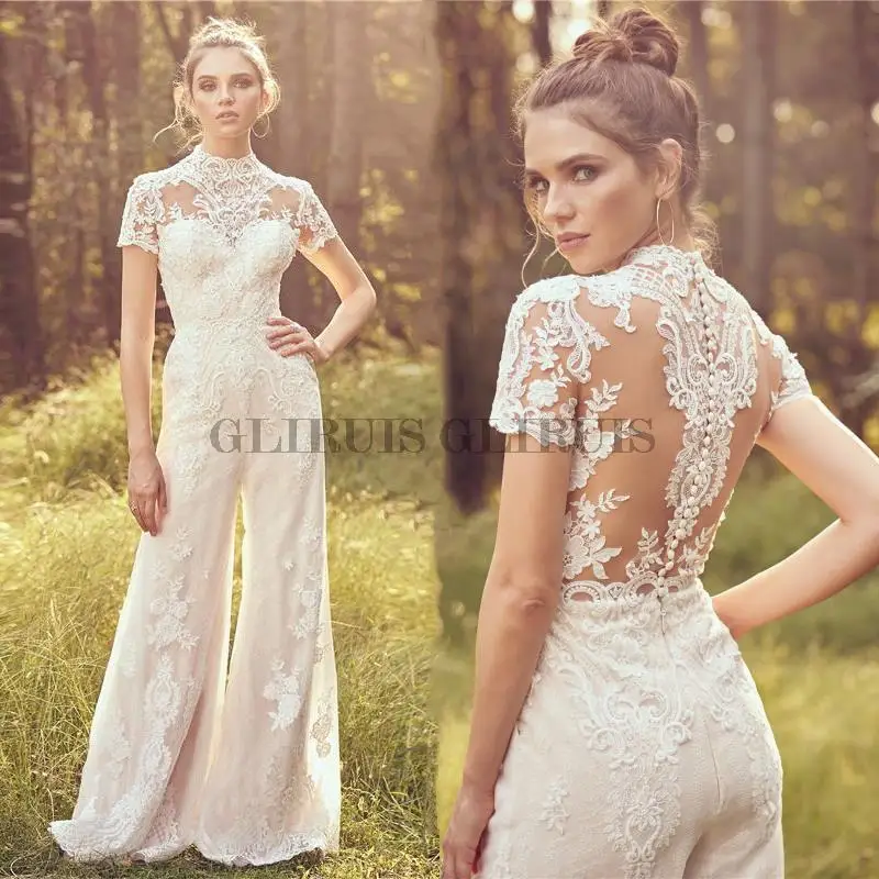 

Lace Jumpsuit Wedding Dresses High Neck Short Sleeve Tulle Ivory Long Pants Bridal Gown With Pockets Button Back