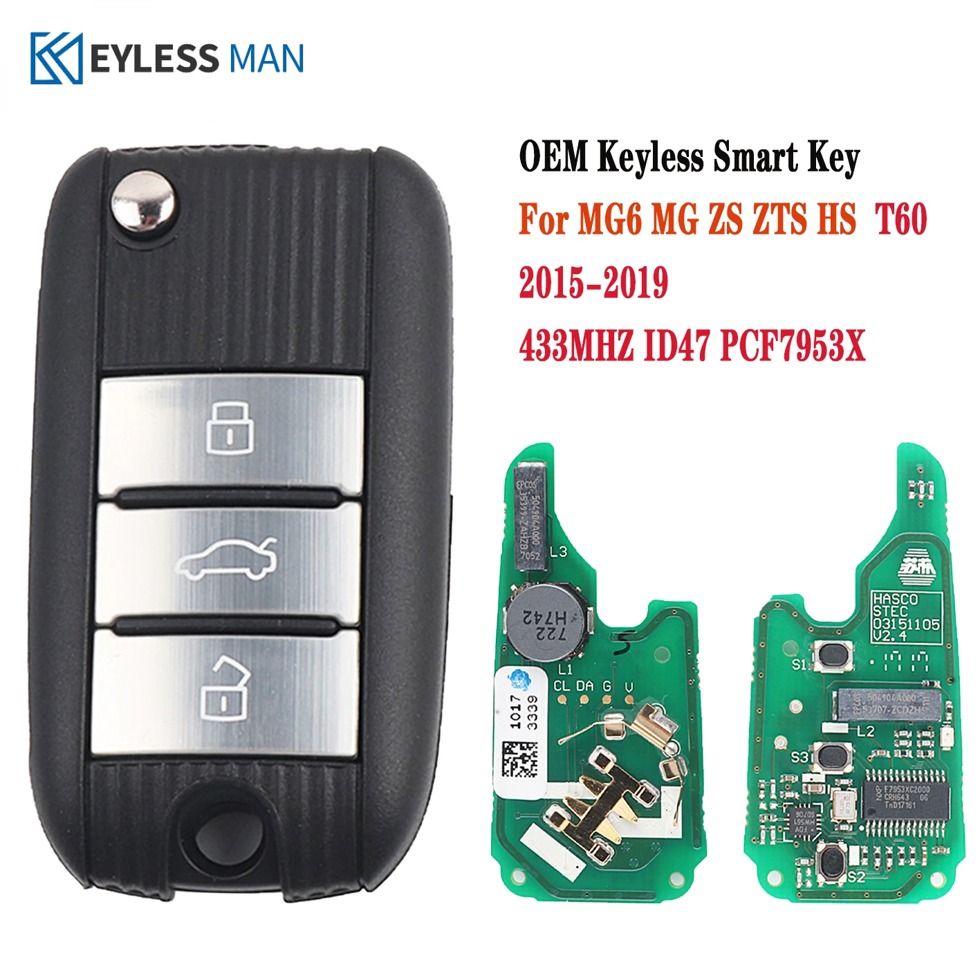 Genuine 3 buttons Smart Remote Car key Fob For MG ZS MG6 MG5 HS 2017 2018 2019 Keyless Go 433mhz With ID47 Chip PCF7953X