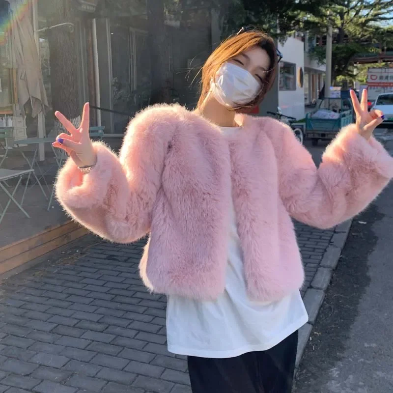 Winter Fashion Coat Temperament Artificial Fur Pink Plush Coat Women's Warm Christmas Thick Warm Fur Short Jackets for Women 1Pc