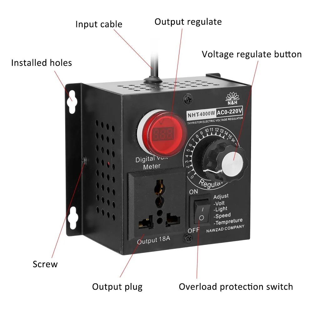 NHT-4000W Variable Voltage Controller SCR Voltage Regulator AC 220 V Compact Speed Temperature Light Voltage Adjuatable Dimmer