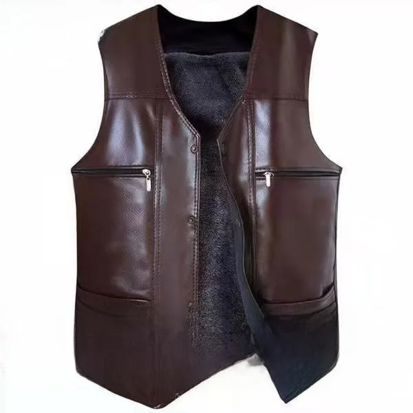 New Men's Leather Vest Thiened Fce Lined Winter Sle Genuine Leather Jaet Busin Casual Straight Hem V-Ne Coat