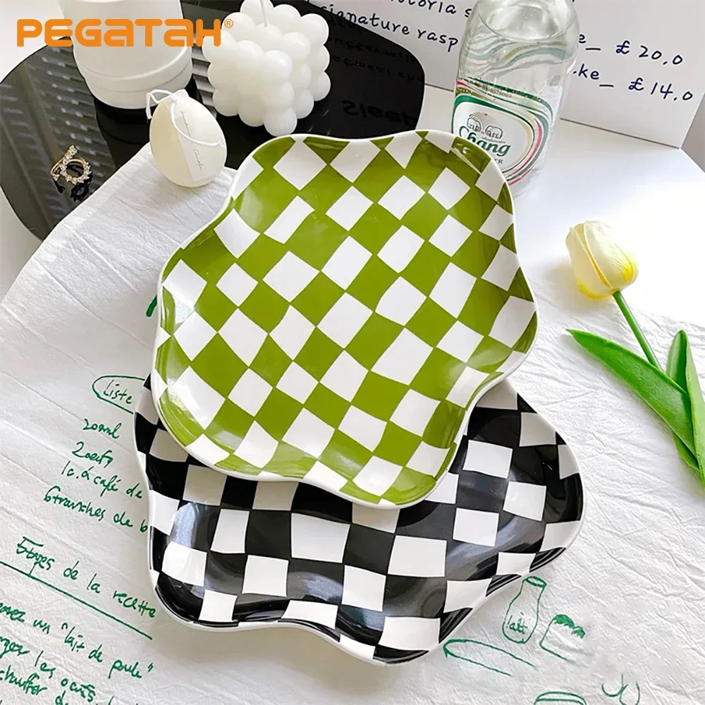 Ceramic Plate Jewelry Storage Plate Nordic Checkerboard Dessert Fruit Home Decoration Retro Dinner Tableware