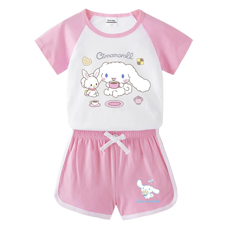 

Sanrio мультфильм рубашки и шорты Комплект Cinnamoroll Kuromi мягкая ткань короткий рукав комплект тренажерного зала костюм летняя спортивная одежда подарок для девочек