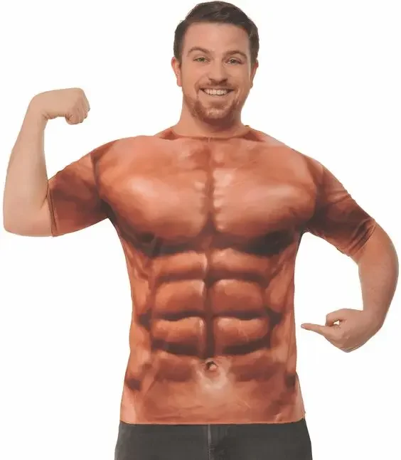 Model wearing the 3D muscle tattoo print t-shirt outdoors