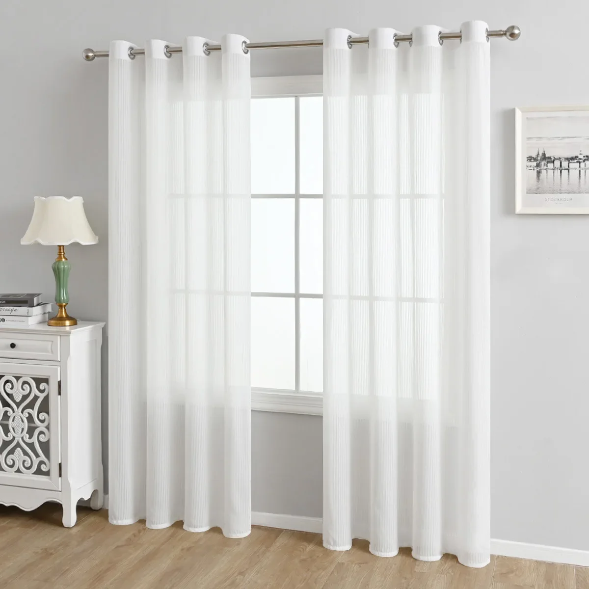 1pc Solid White Vertical Stripes Tulle Luxurious Chiffon Sheer Window Curtains for Living Room Modern Voile Organza Drapes 3