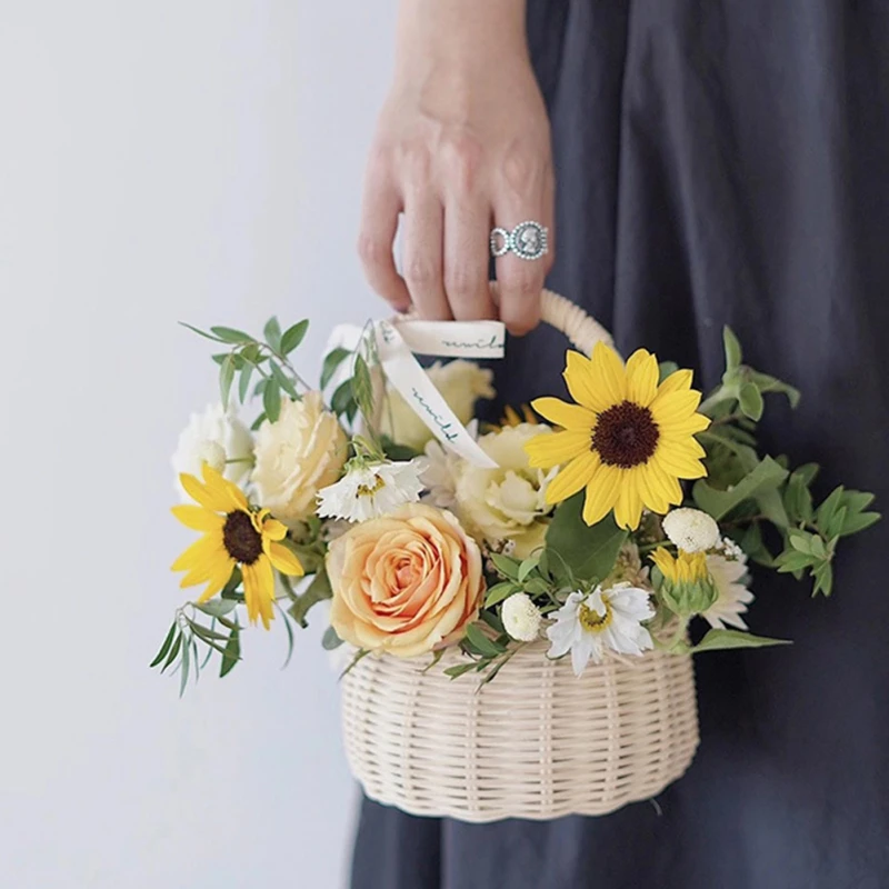 20cm Waterproof Woven Flower Basket Storage Basket with Handle Handmade Multi-functional Perfect Gifts Rattan Home Wedding Decor