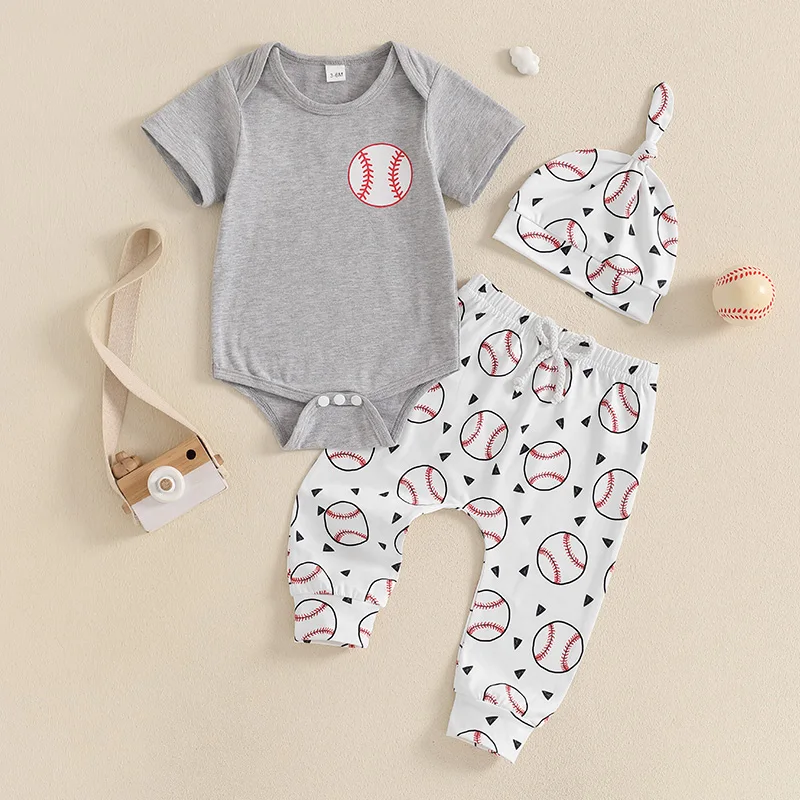 Citgeett Summer Infant Baby Boy Outfits Short Sleeve Romper Baseball Print Pants Hat Clothes Set