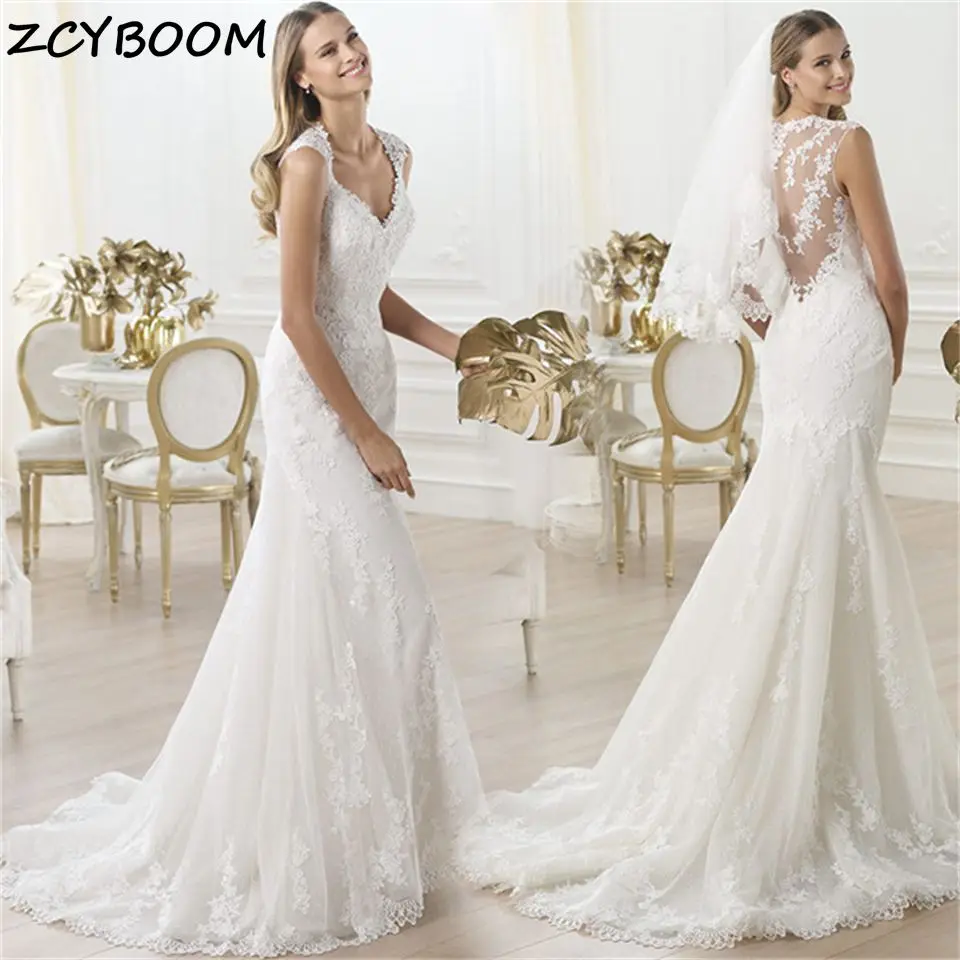 

Elegant Spaghetti Strap V-neck Illusion Appliques Lace Mermaid Wedding Dresses For Women 2024 Court Train Vestidos De Noiva