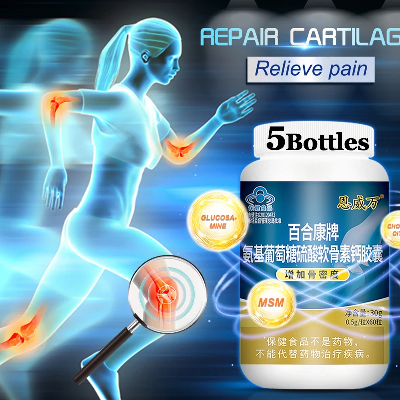 

5 Bottles Chondroitin Glucosamine MSM Calcium Capsules Turmeric Tablet Knee Relief Pain Joint Health Bone Quickly Nutrition