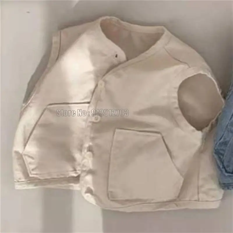 New Baby Sleeveless Denim Vest Casual Kids Jacket Loose Boys Pocket Coat Autumn Fashion Girls Clothes