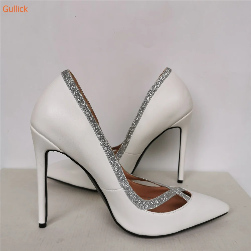 

White Leather Sequined Cloth Cross-tied Pumps Slip On Thin Heels Pointed Toe Women Shoes Shallow Fashion Summer Pumps