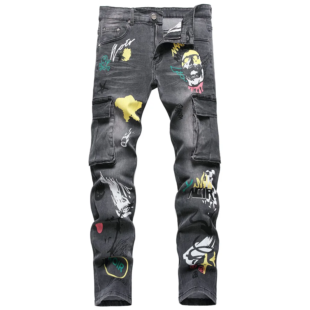 

Men Pockets Cargo Denim Jeans Skull Pattern Print Pants Gray Black Slim Tapered Stretch Trousers
