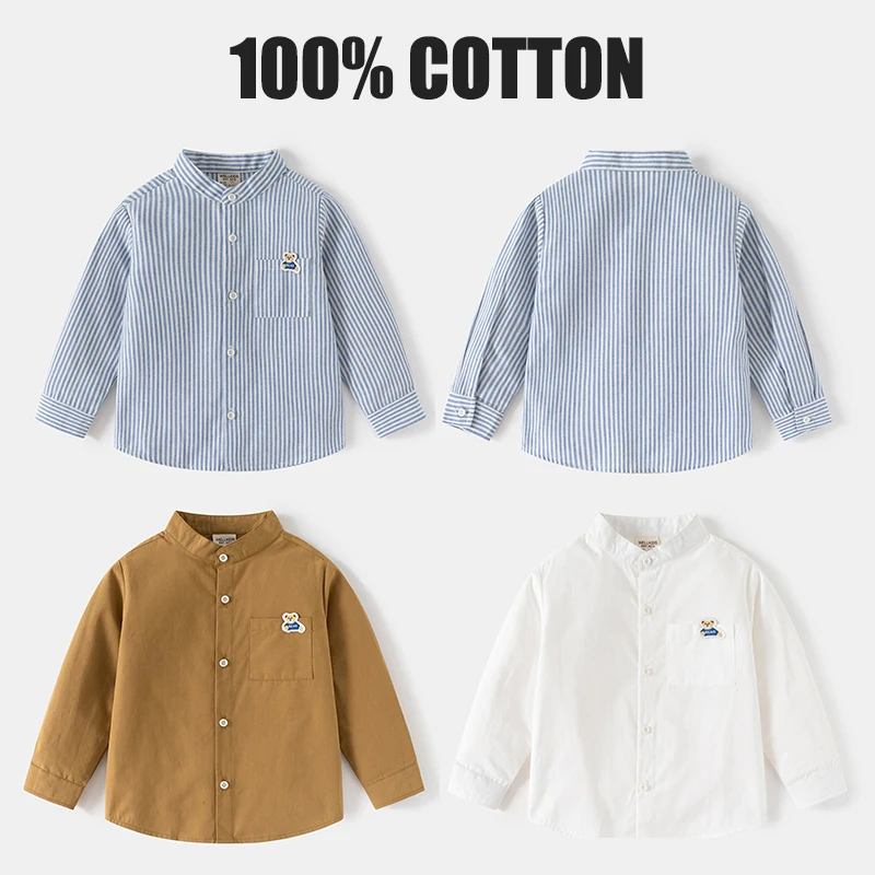 Kids Baby Boys Cotton Clothes Long Sleeved Shirt Stand-Up Collar Stripe Blouse Children Casual Tops Clothing White Shirt