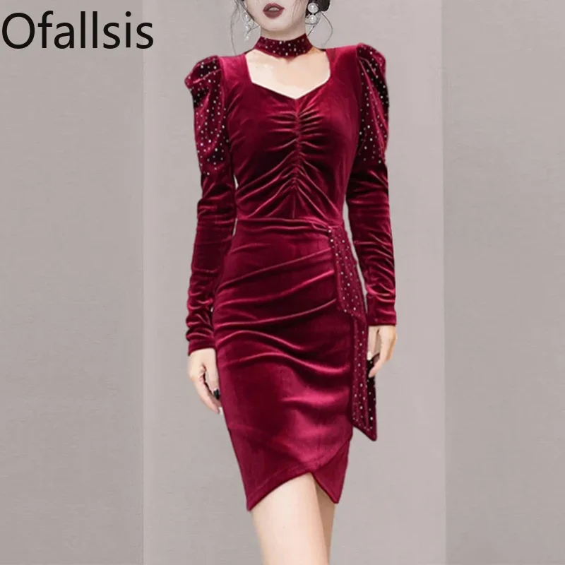 

Ofallsis High End Temperament Puff Sleeve Dress 2023 Autumn Winter New Slim Fitting Long Sleeved French Velvet Party Dresses