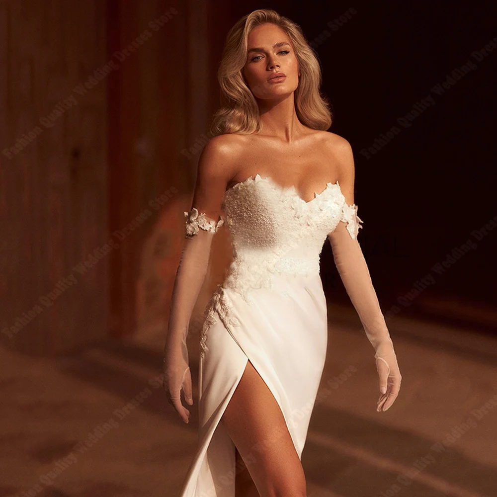 Fascinating Sexy Fork Women Wedding Dresses Off Shoulder Satin Surface Vestido De Novia Custom Made Chic Pleated Gown Customized 3