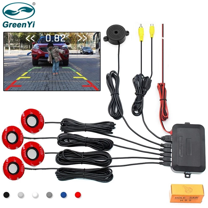 CVBS Car Video Parking Sensor Reverse Backup Radar Detector Assistance 16mm Adjustable Flat Sensors Support Video Input