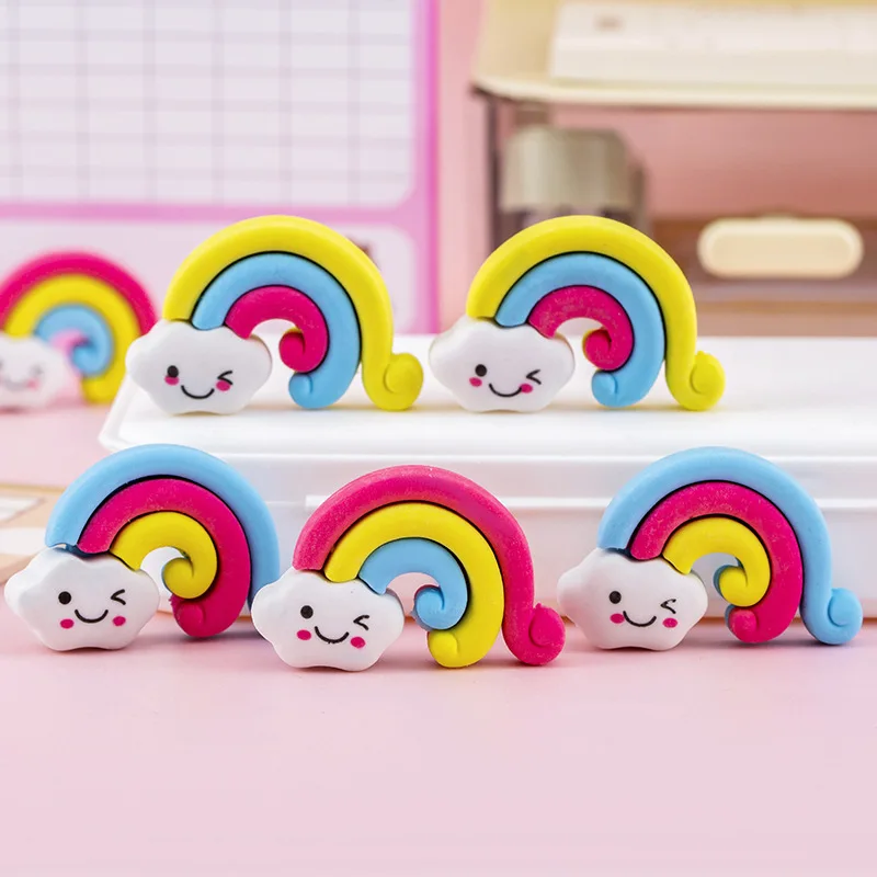 12 Pcs 크리 에이 티브 귀여운 무지개 구름 모델링 3D 연필 지우개 학생 문구 상품 선물 보상 문구