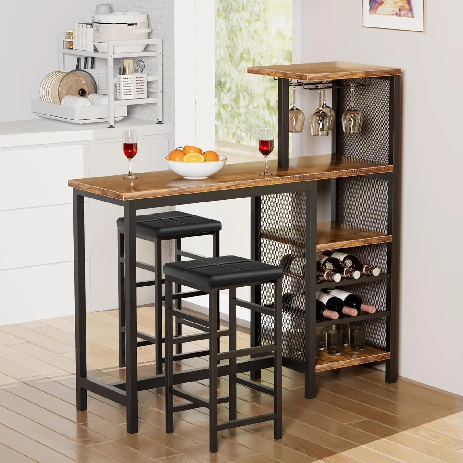 Bar Table and Chairs Set for 2, Tall Kitchen Counter Dining with Storage Shelves, Cup Holder & Wine Rack, PU Leather Cush