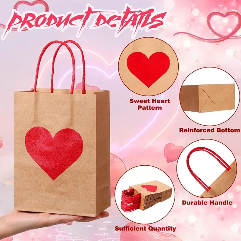 10Pcs Red Heart Kraft Paper Candy Gift Packing Bag with Tag Shopping Tote Bag for Valentine's Day Wedding Party Decor Supplies