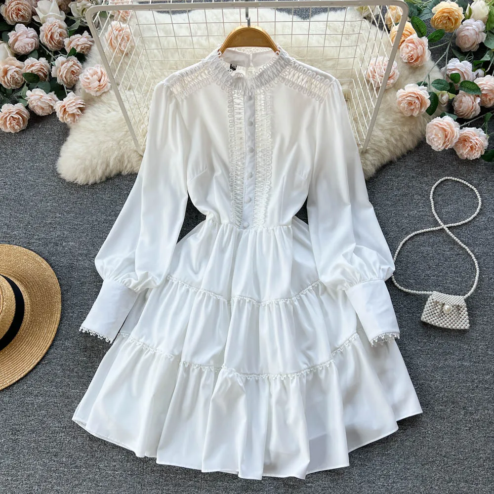 

2023 Women's Spring Summer White Midi Dress O Neck Long Sleeve Hollow Out A Line Dress Chic And Elegant Evening Party Dresses