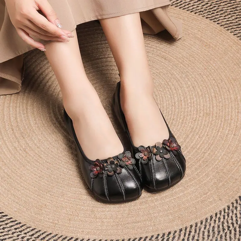 Square Toe Genuine Leathe Ballet Flats Women Vintage Loafers Middle Aged Woman Comfortable Moccasins Ladies Casual Driving Shoes